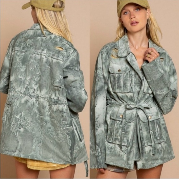 🆕 POL - Distressed Denim - Safari - Utility Jacket - Pale Sage - 100% COTTON - Picture 5 of 10